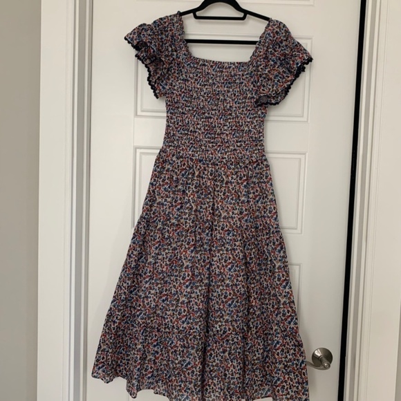Tory Burch 100%Cotton Floral Print Smocked Waist Midi Dress On/Off the Shoulder - Picture 5 of 10
